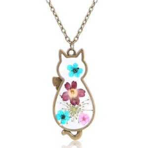 MXXGMYJ Multicolor Dried Flower Necklace for Women Cute Cat Pendant Necklace Pressed Flower Necklace Nature Gifts for Women Cat Lovers