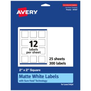 Avery Matte White Square Labels with Sure Feed, 2" x 2", 300 Matte White Printable Labels