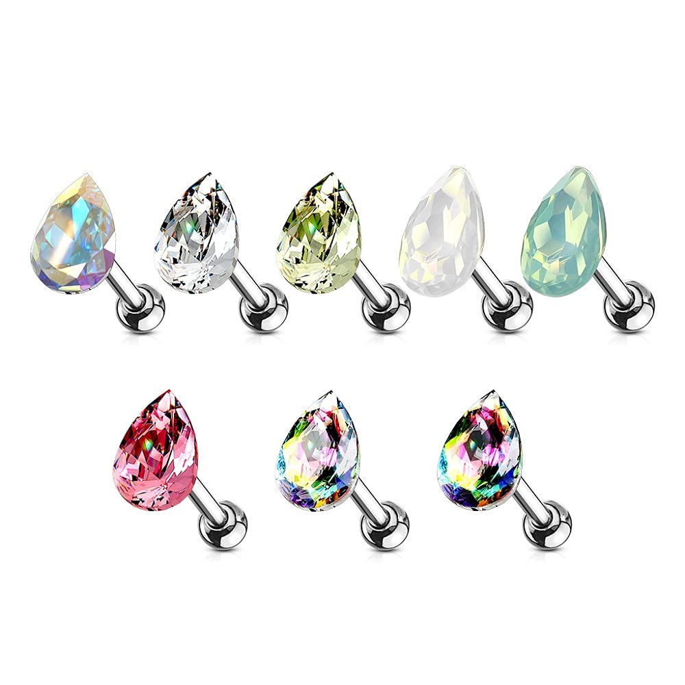 Pierced Owl 16GA Stainless Steel Tear Drop Shaped Crystal Cartilage Helix Tragus Conch Ear Lobe Barbell Stud (Aurora Borealis)