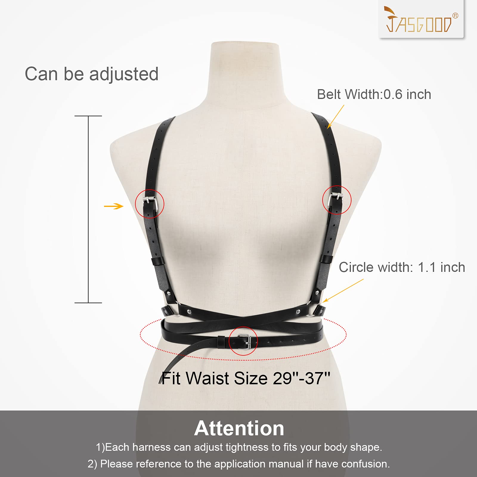 JASGOOD Punk Black Waist Belt Women PU Leather Skinny Chest Adjustable Belts with Gothic Circle for Club (Black,Fit Waist Size 28''-36'')