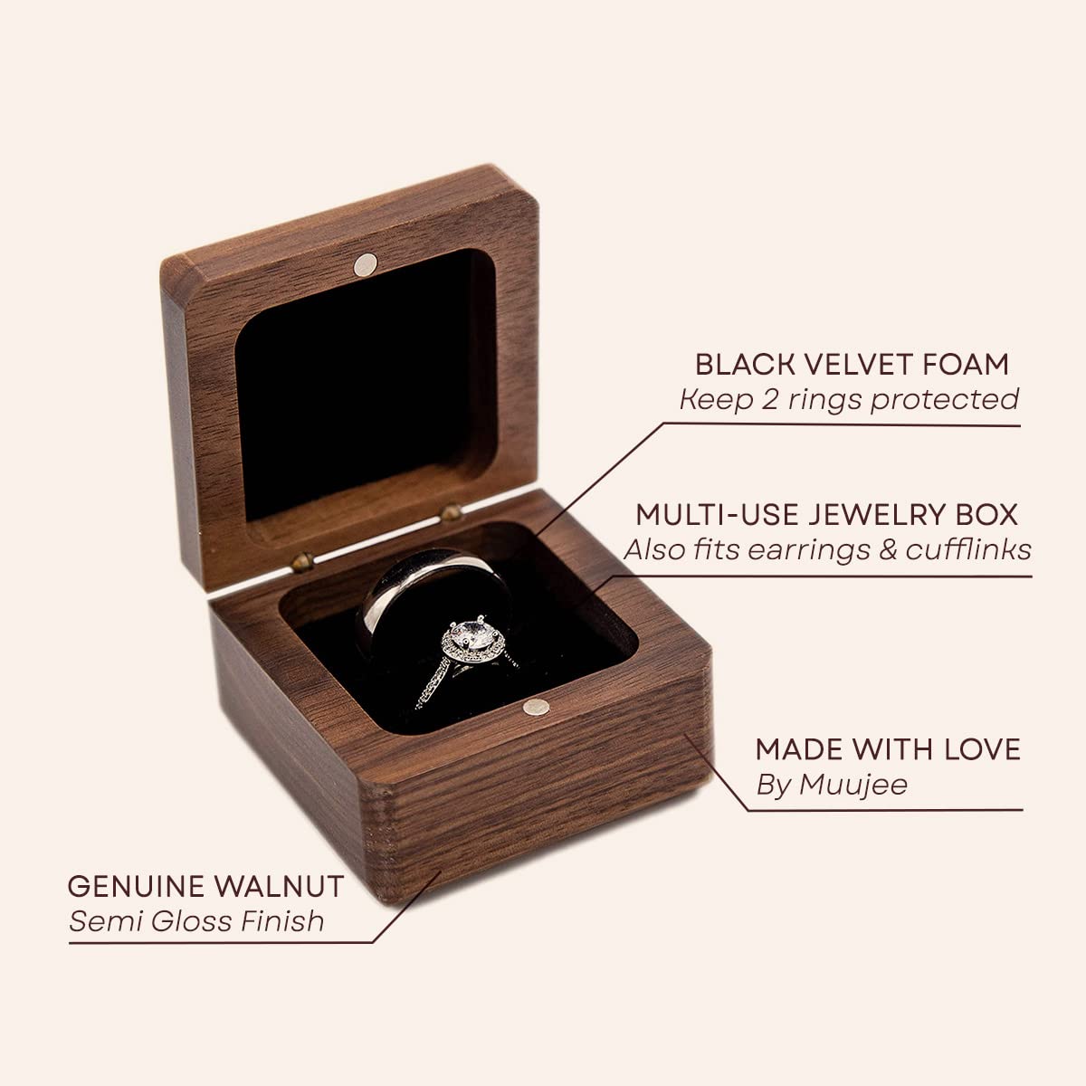 MUUJEE Double Ring Box - Engraved Square Wooden Walnut Ring Case Box for Wedding Ceremony Engagement Proposal, Ring Bearer Gift Ideas (Plain Box)