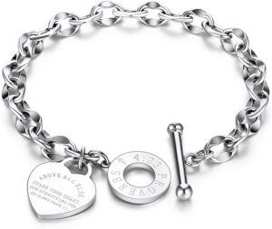 alextina dainty stainless steel heart charm bracelets oval link chain bracelet gifts for mom women teen girls toggle clasp, silver 7.5"