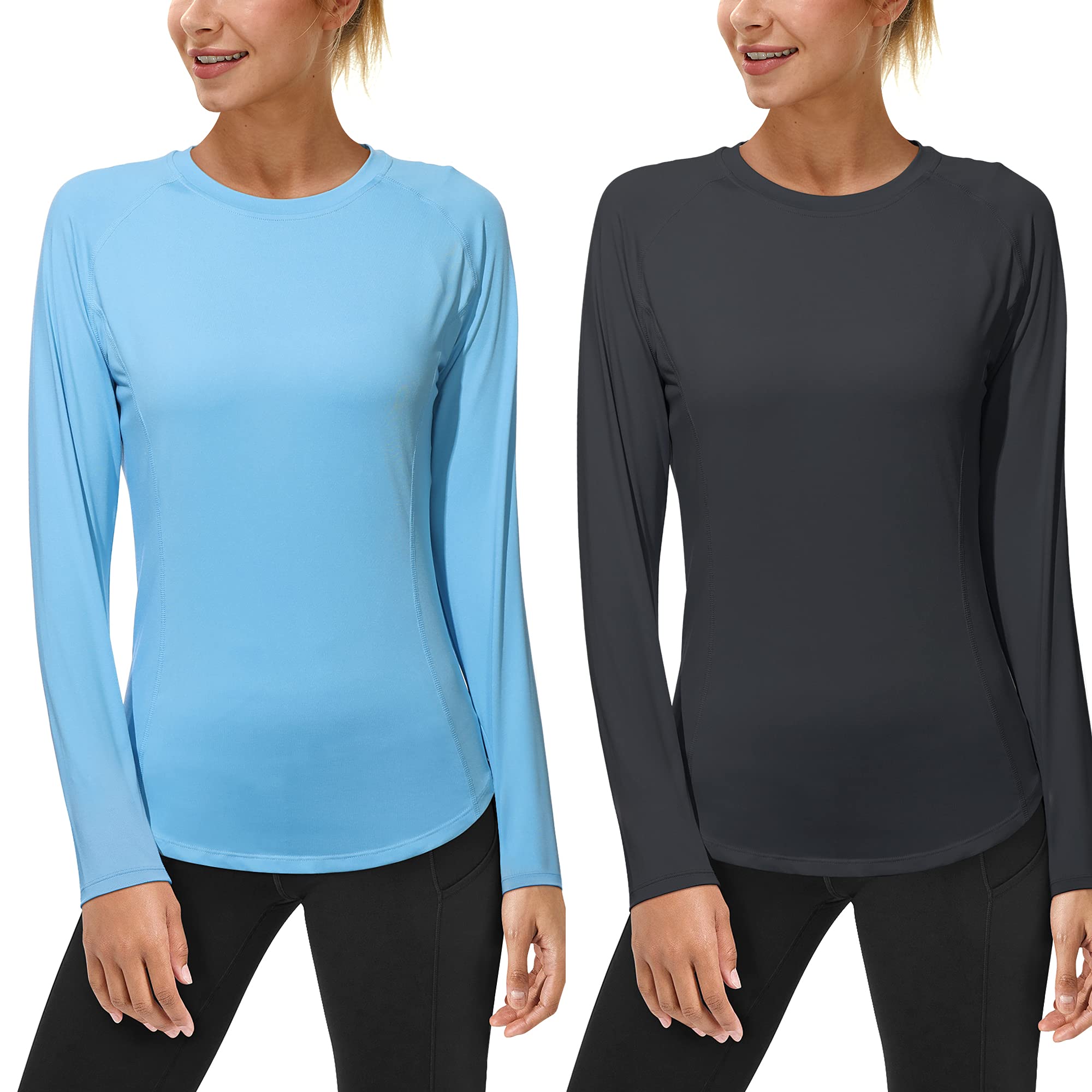 (Size:L) 2 Pack Womens Long Sleeve UV Sun Shirts UPF 50+ Workout Swim Rash Guard Tops