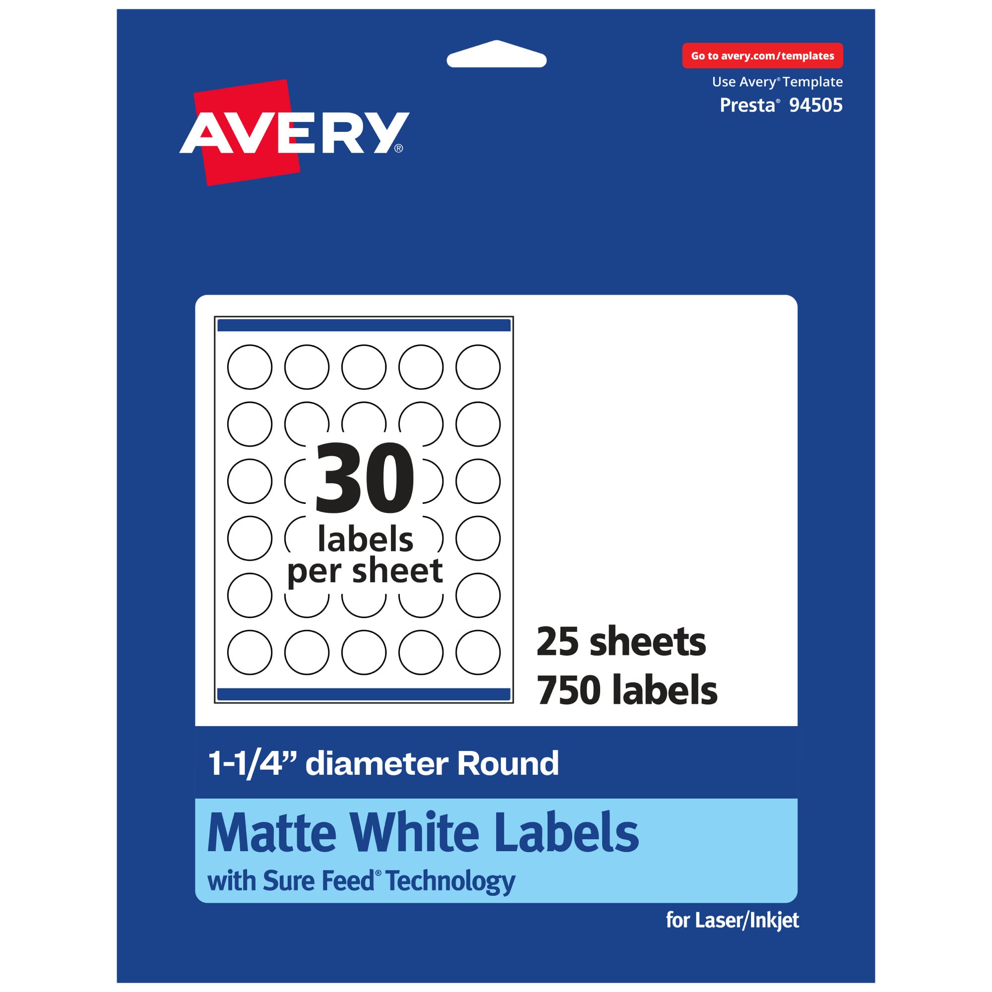 Avery Matte White Round Labels with Sure Feed, 1.25" Diameter, 750 Matte White Printable Labels