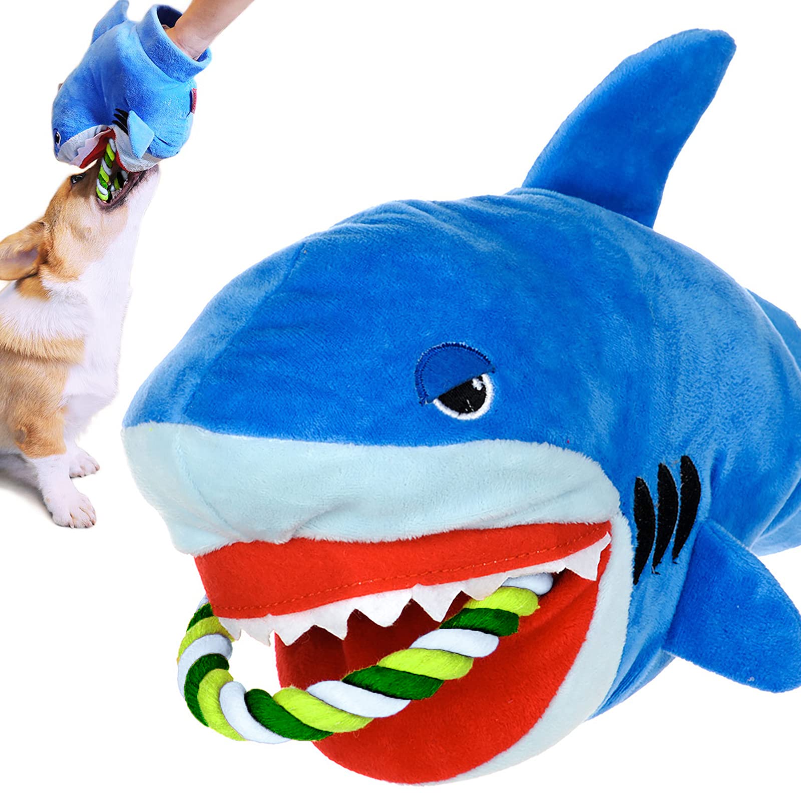 Squeaky Plush Dog Toy,Funny Stuffed Dog Rope Toy for Small Medium Dogs,Cute Puppy Teething Chew Toy for Interactive Training,Durable Dog Tug Toy for Boredom and Stress,Soft Shark Pet Toy with Squeaker