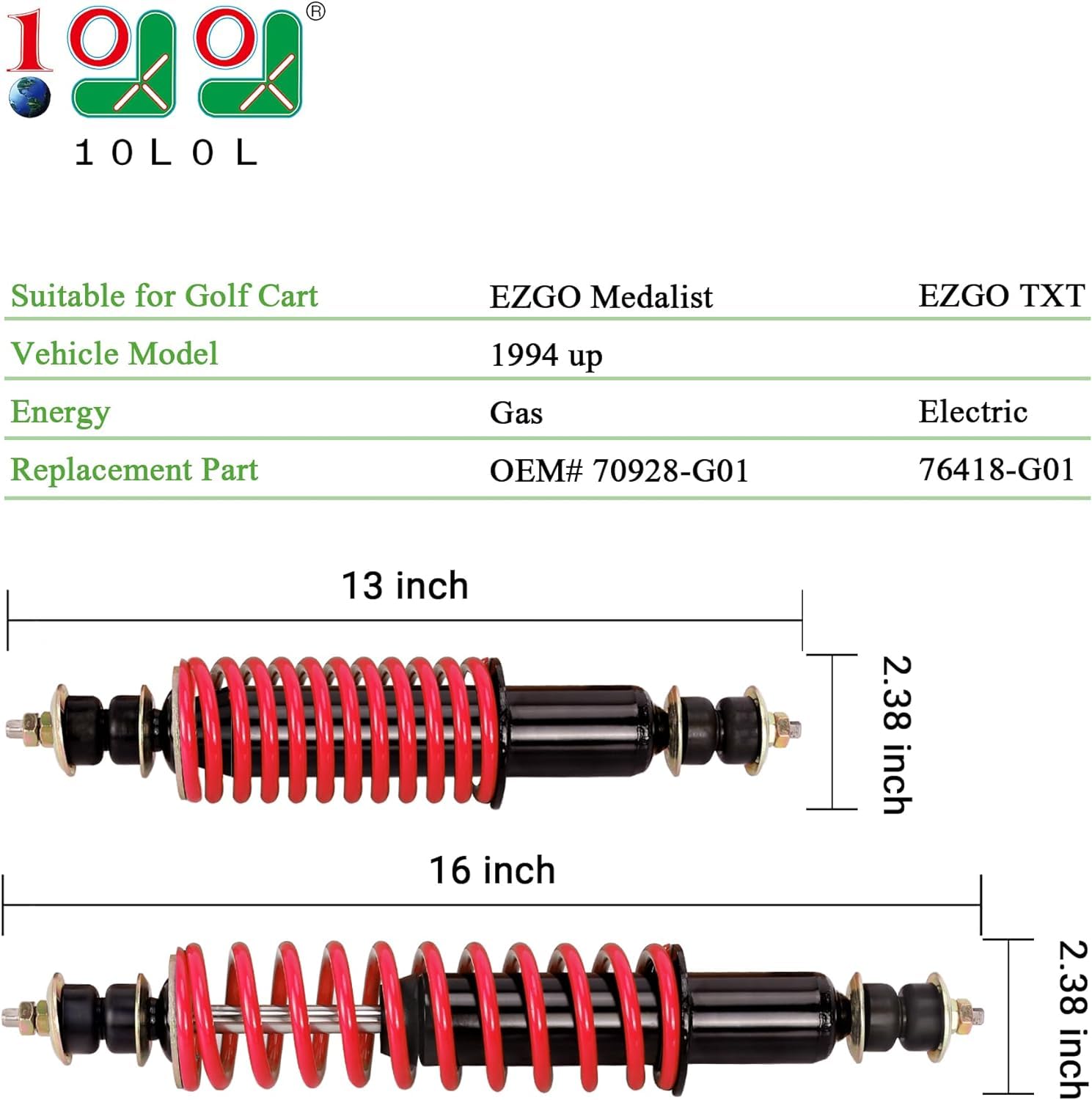 10L0L Front Rear Coil Over Shock Fits EZGO TXT Medalist 1994+ Newer Gas or Electric Golf Cart, Heavy Duty, Replaces OEM# 70928-G01 76418-G01, 2- Pack (Red Shocks)