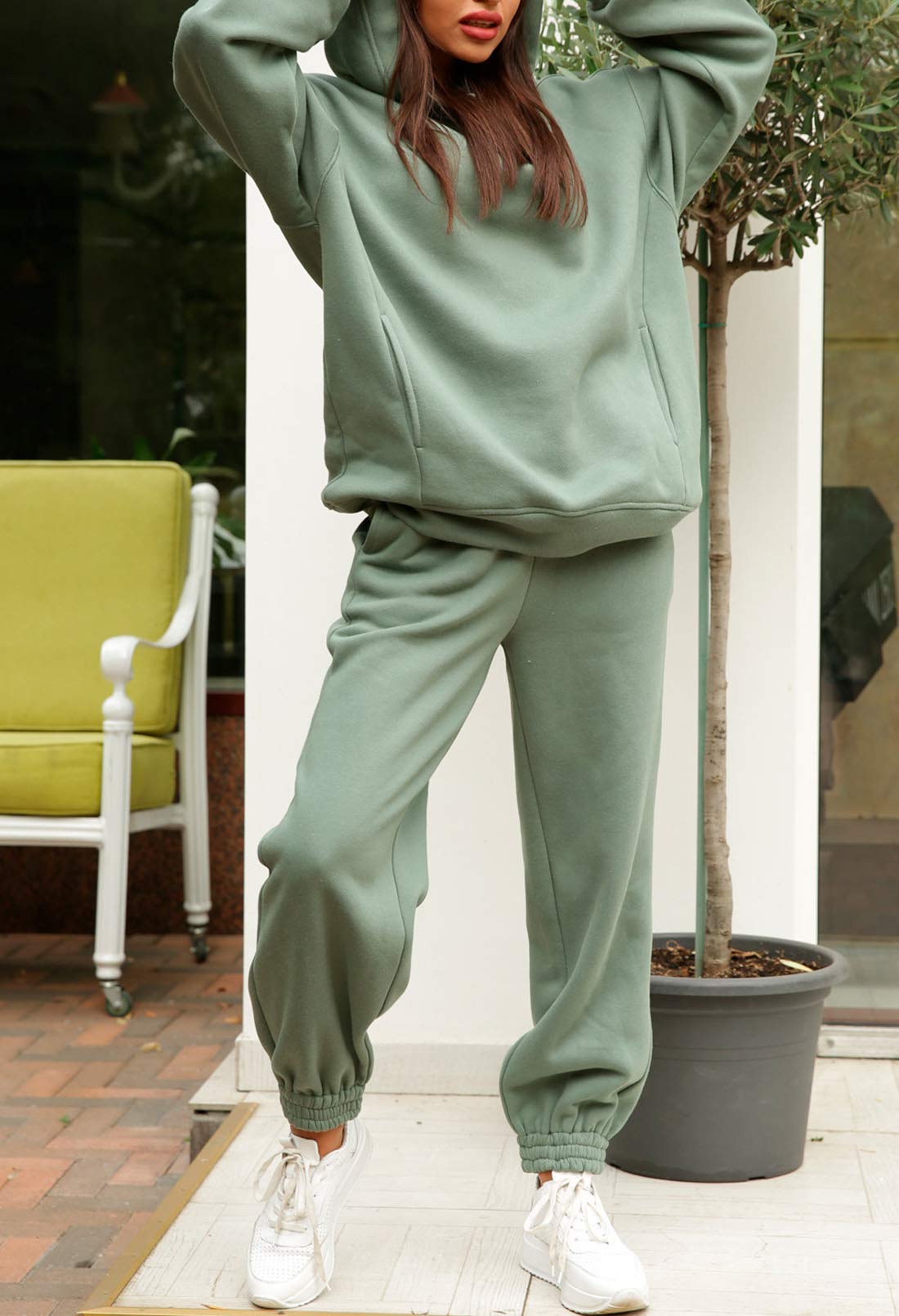 Linsery Sport Hoodie with Jogger Sweatpants Tracksuit Hooded 2 Piece Workout Set Sweatshirt Matching Jogging Suit Green L