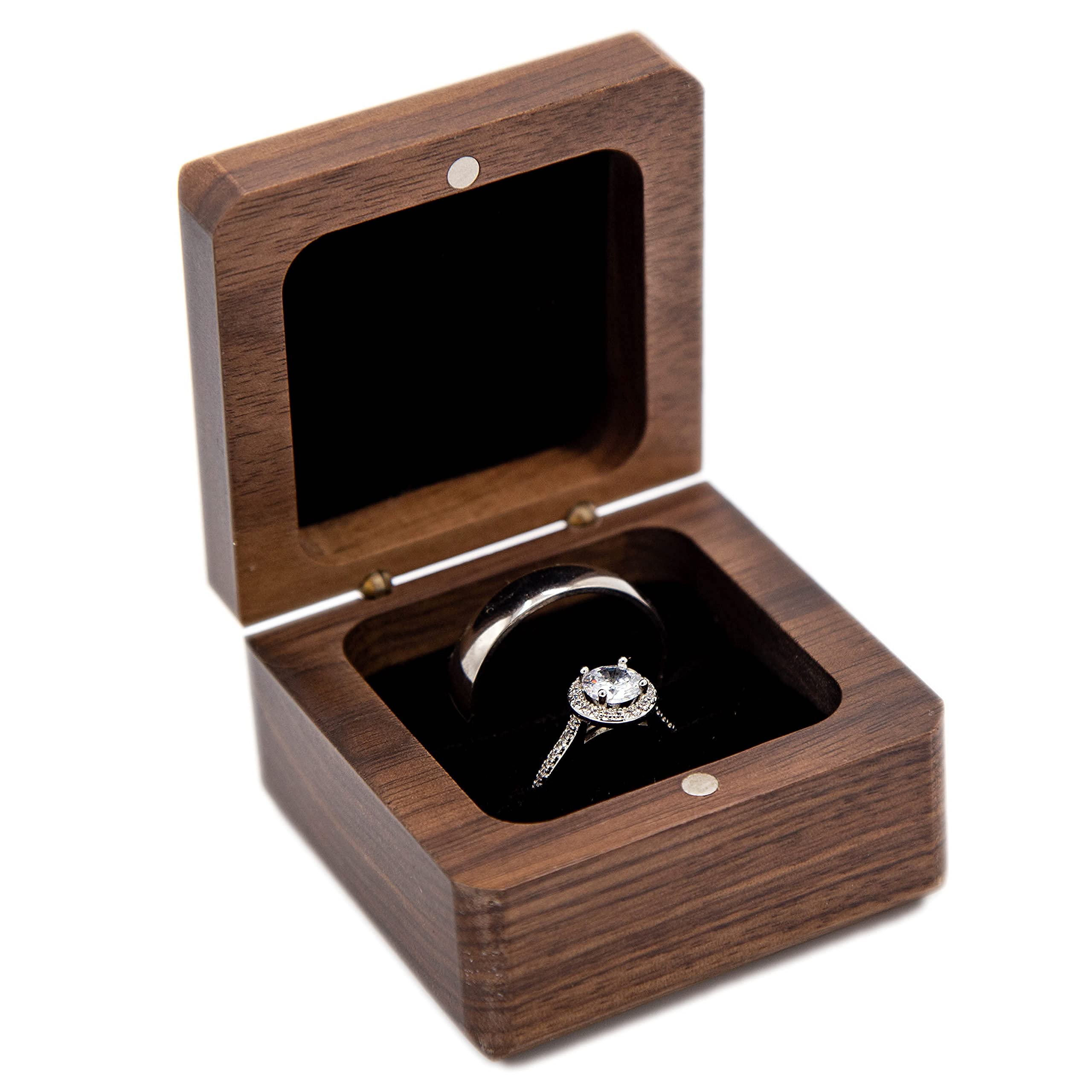 MUUJEE Double Ring Box - Engraved Square Wooden Walnut Ring Case Box for Wedding Ceremony Engagement Proposal, Ring Bearer Gift Ideas (Plain Box)