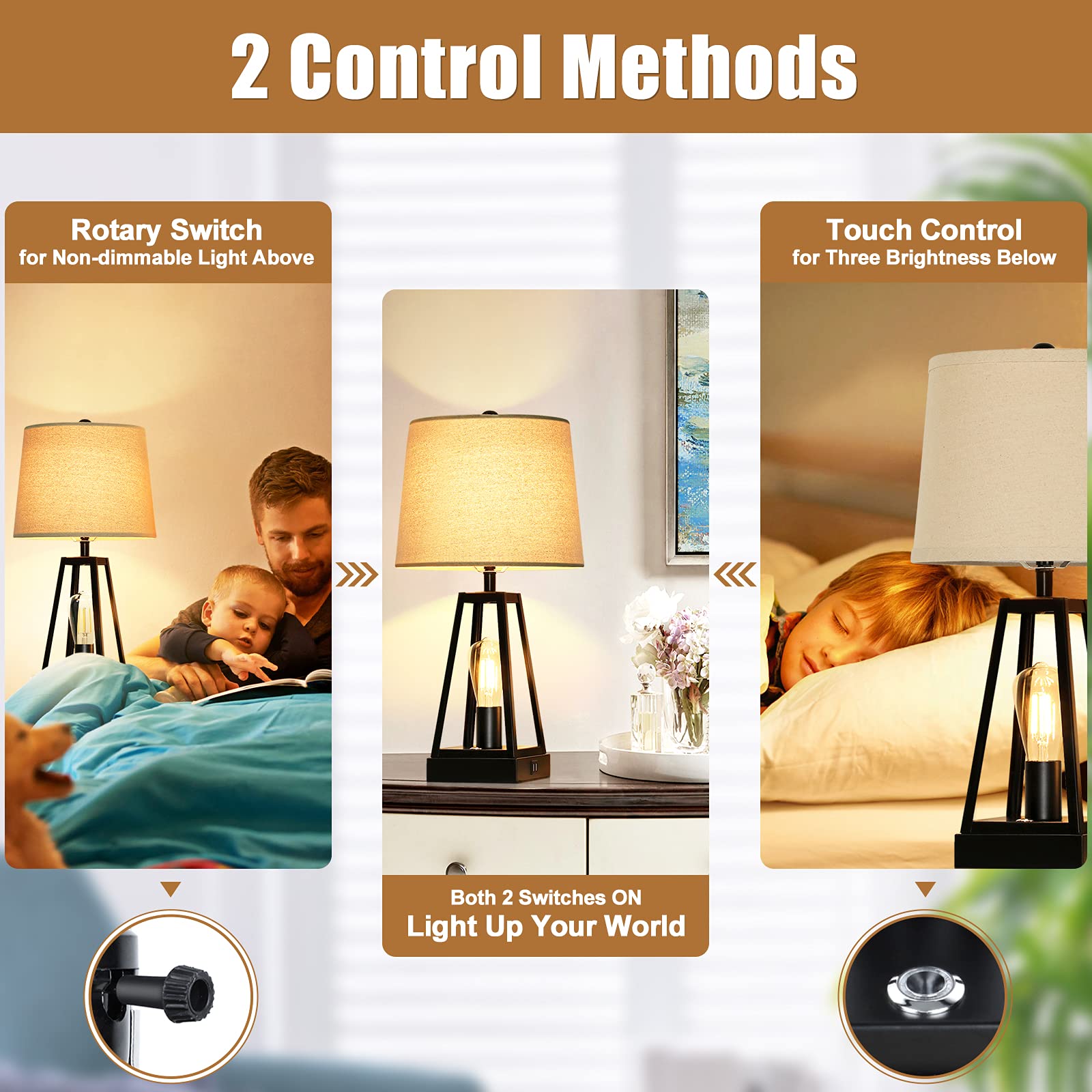 Set of 2 Farmhouse Touch Table Lamps with USB Ports, 3-Way Dimmable Bedside Nightstand Lamps, 2 Light Rustic Industrial Table Lamps for Living Room Bedrooms Reading Room, Rotary Switch, Bulbs Included