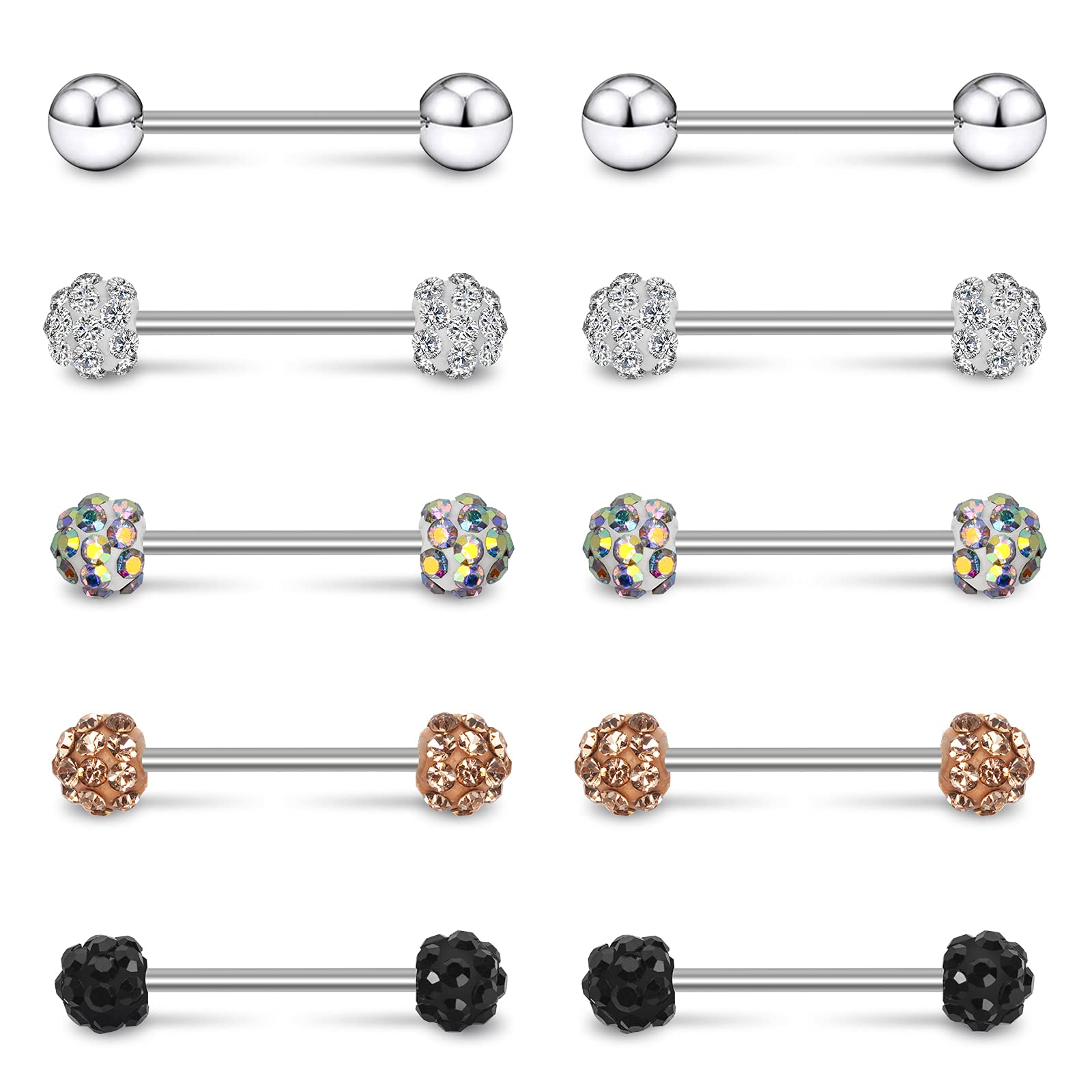 CrazyPiercing 10Pcs CZ Tongue Rings 16G Tongue Piercing with Straight Stainless Steel Barbell Bar Piercing Jewelry 14mm Length