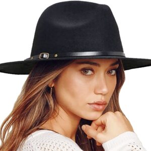 Eohak Womens Belt-Buckle-Panama-Hat Wool Womens Wide Brim Fedora Hat (S-M) Black