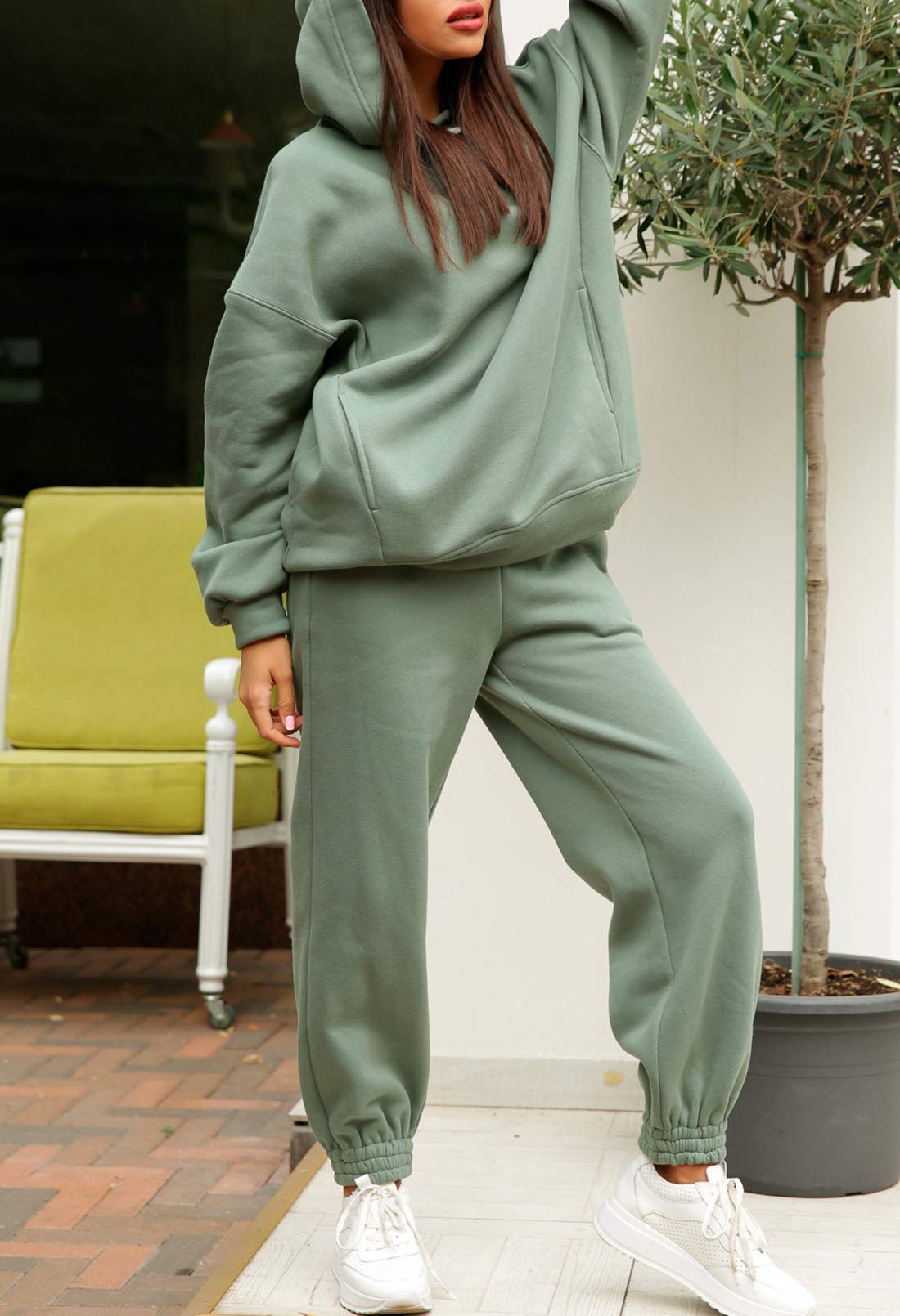 Linsery Sport Hoodie with Jogger Sweatpants Tracksuit Hooded 2 Piece Workout Set Sweatshirt Matching Jogging Suit Green L