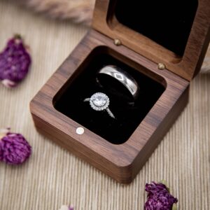 MUUJEE Double Ring Box - Engraved Square Wooden Walnut Ring Case Box for Wedding Ceremony Engagement Proposal, Ring Bearer Gift Ideas (Plain Box)