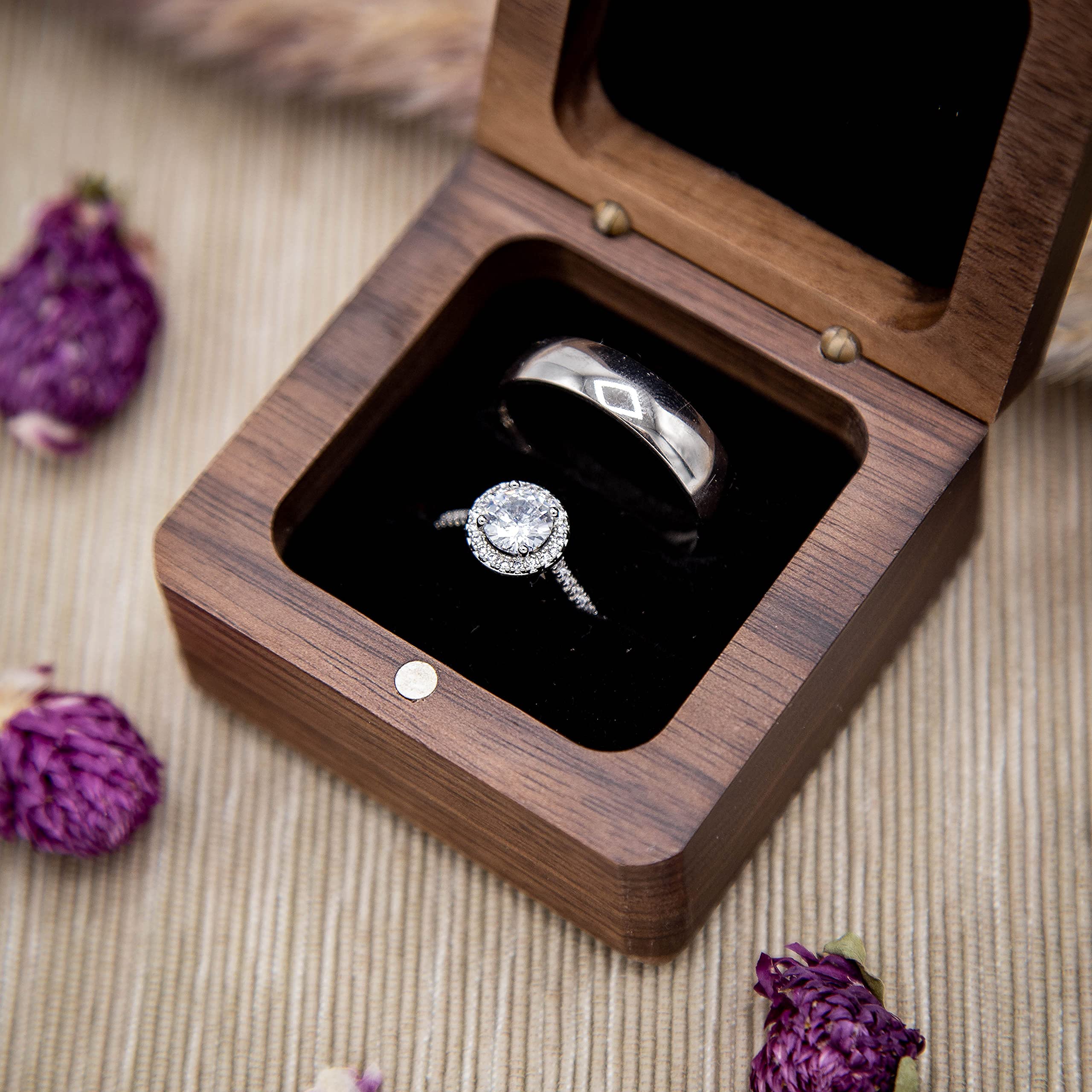 MUUJEE Double Ring Box - Engraved Square Wooden Walnut Ring Case Box for Wedding Ceremony Engagement Proposal, Ring Bearer Gift Ideas (Plain Box)