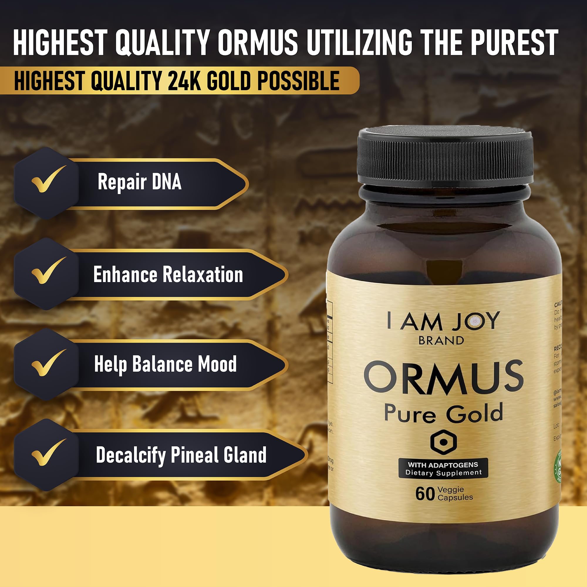 I Am Joy co. Ormus Gold Capsules Monoatomic Elements with Adaptogens Maca and Ashwaganda | May Help Balance Mood, Decalcify Pineal Gland, Repair DNA, Enhance Relaxation - 60 Vegan Capsules