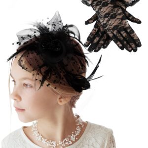 Sintege Fascinators Hat for Girl Tea Party Lace Gloves Black Cocktail Veil Mesh Feathers Hair Clip for Kids Halloween (Cute Style)