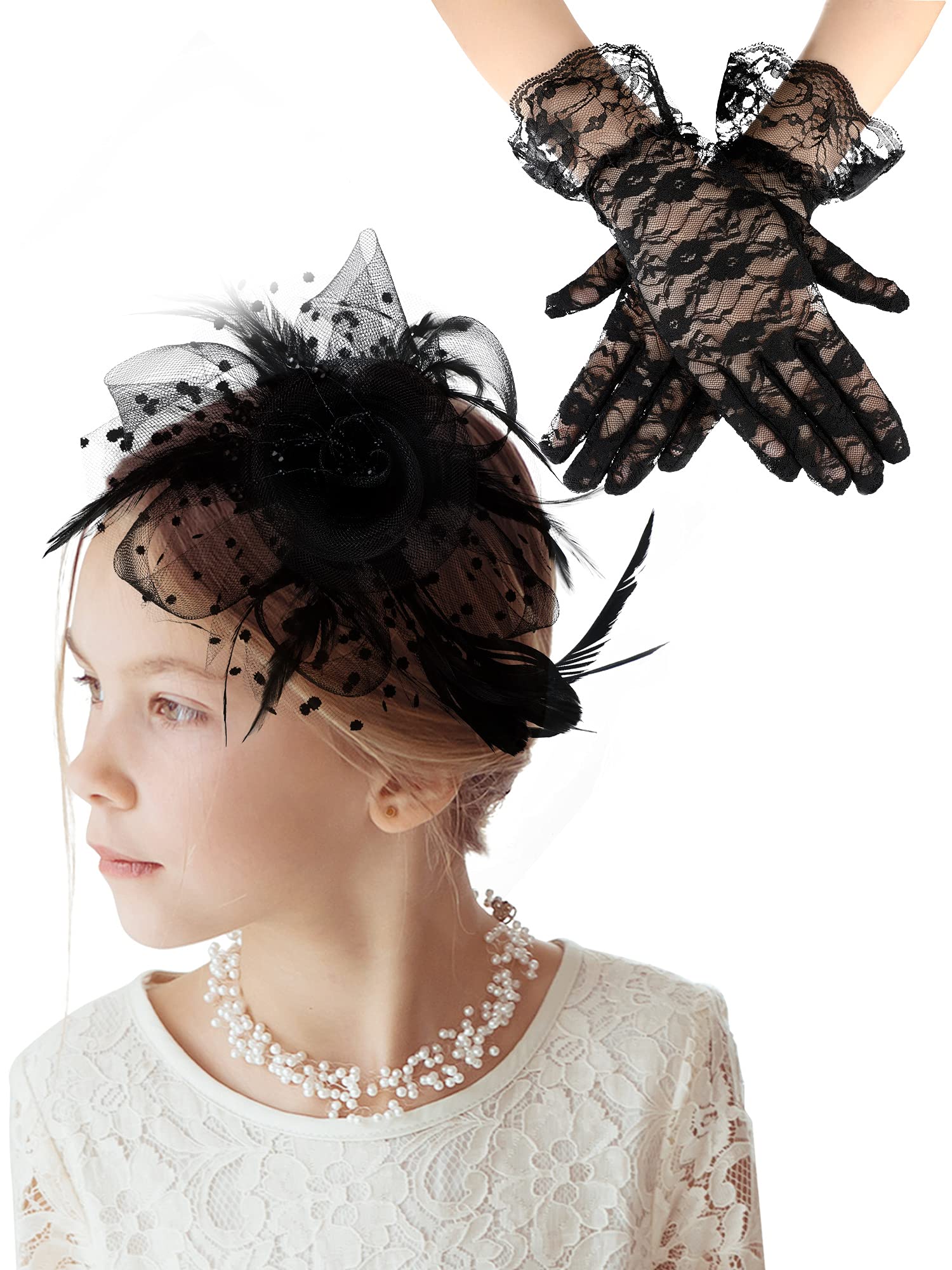 Sintege Fascinators Hat for Girl Tea Party Lace Gloves Black Cocktail Veil Mesh Feathers Hair Clip for Kids Halloween (Cute Style)