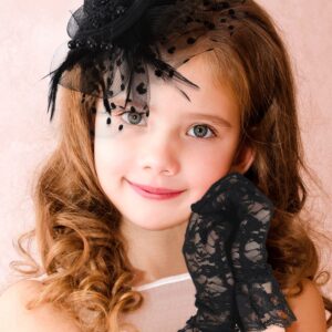 Sintege Fascinators Hat for Girl Tea Party Lace Gloves Black Cocktail Veil Mesh Feathers Hair Clip for Kids Halloween (Cute Style)