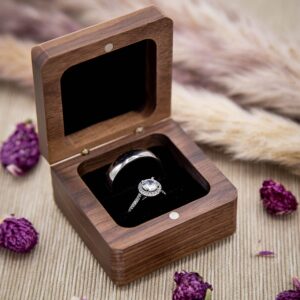 MUUJEE Double Ring Box - Engraved Square Wooden Walnut Ring Case Box for Wedding Ceremony Engagement Proposal, Ring Bearer Gift Ideas (Plain Box)