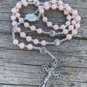 Nazareth Store Pink Beads Rosary Necklace Strong Pearl Beaded Catholic Rosary with Our Lady of Graces Medal and Cross