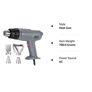 DIAFIELD 1850W Heat Gun 10 Variable Temperature Settings 112℉~1202℉（44℃- 650℃), Fast Heat Hot Air Gun, Durable & Overload Protection, with 4 Nozzels for Shrink Wrap, Vinyl, Crafts, Epoxy Resin(5.9FT)