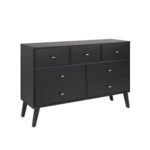 prepac milo mid-century modern 7 drawer double dresser for bedroom, wide chest of drawers, contemporary bedroom furniture, 16" d x 52.5" w x 33.75" h, black, bdbr-1407-1