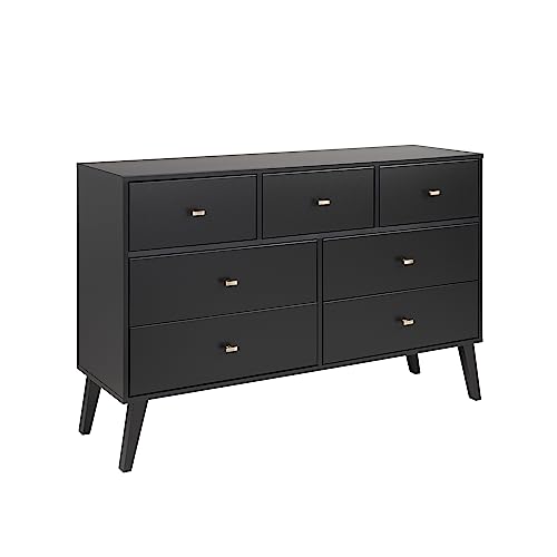 Prepac Milo Mid-Century Modern 7 Drawer Double Dresser for Bedroom, Wide Chest of Drawers, Contemporary Bedroom Furniture, 16" D x 52.5" W x 33.75" H, Black, BDBR-1407-1