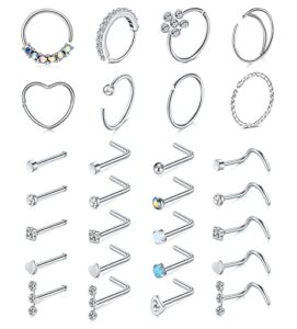 mayhoop 20g stainless steel nose rings hoop l shape nose studs nose screw bone silver rose gold black rainbow pack for women men 28pcs