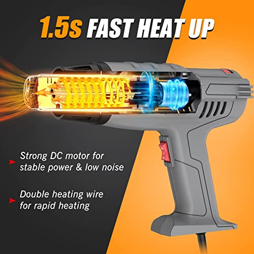 DIAFIELD 1850W Heat Gun 10 Variable Temperature Settings 112℉~1202℉（44℃- 650℃), Fast Heat Hot Air Gun, Durable & Overload Protection, with 4 Nozzels for Shrink Wrap, Vinyl, Crafts, Epoxy Resin(5.9FT)