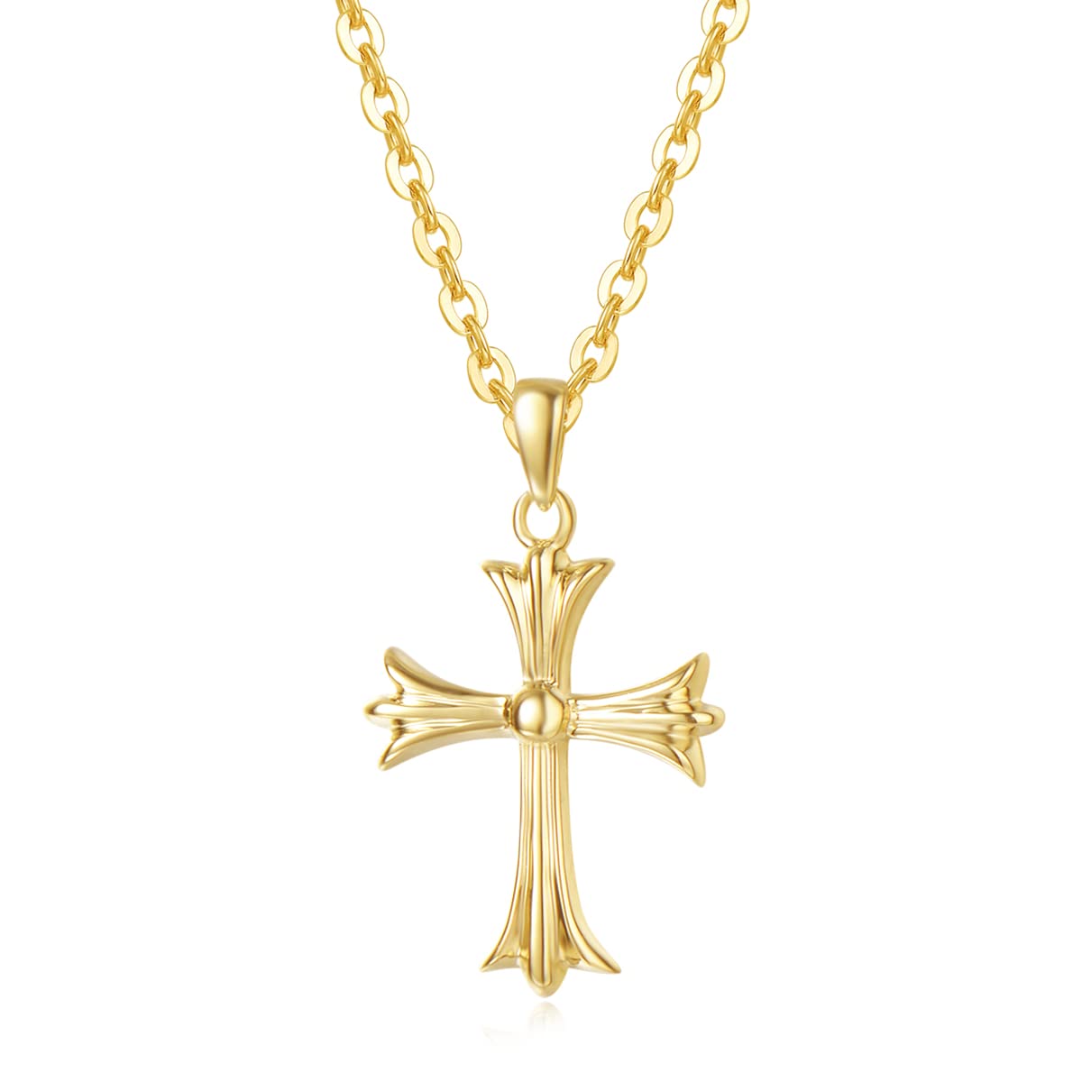 FANCIME SOLID REAL 14K Yellow Gold SMALL TINY Little Cute Embossed Cross Crucifix Delicate Necklace Dainty Pendant Fine Jewelry For Women, With 16+2" Solid Gold Cable Chain