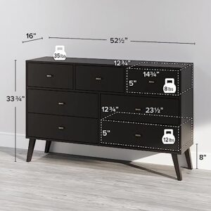 Prepac Milo Mid-Century Modern 7 Drawer Double Dresser for Bedroom, Wide Chest of Drawers, Contemporary Bedroom Furniture, 16" D x 52.5" W x 33.75" H, Black, BDBR-1407-1