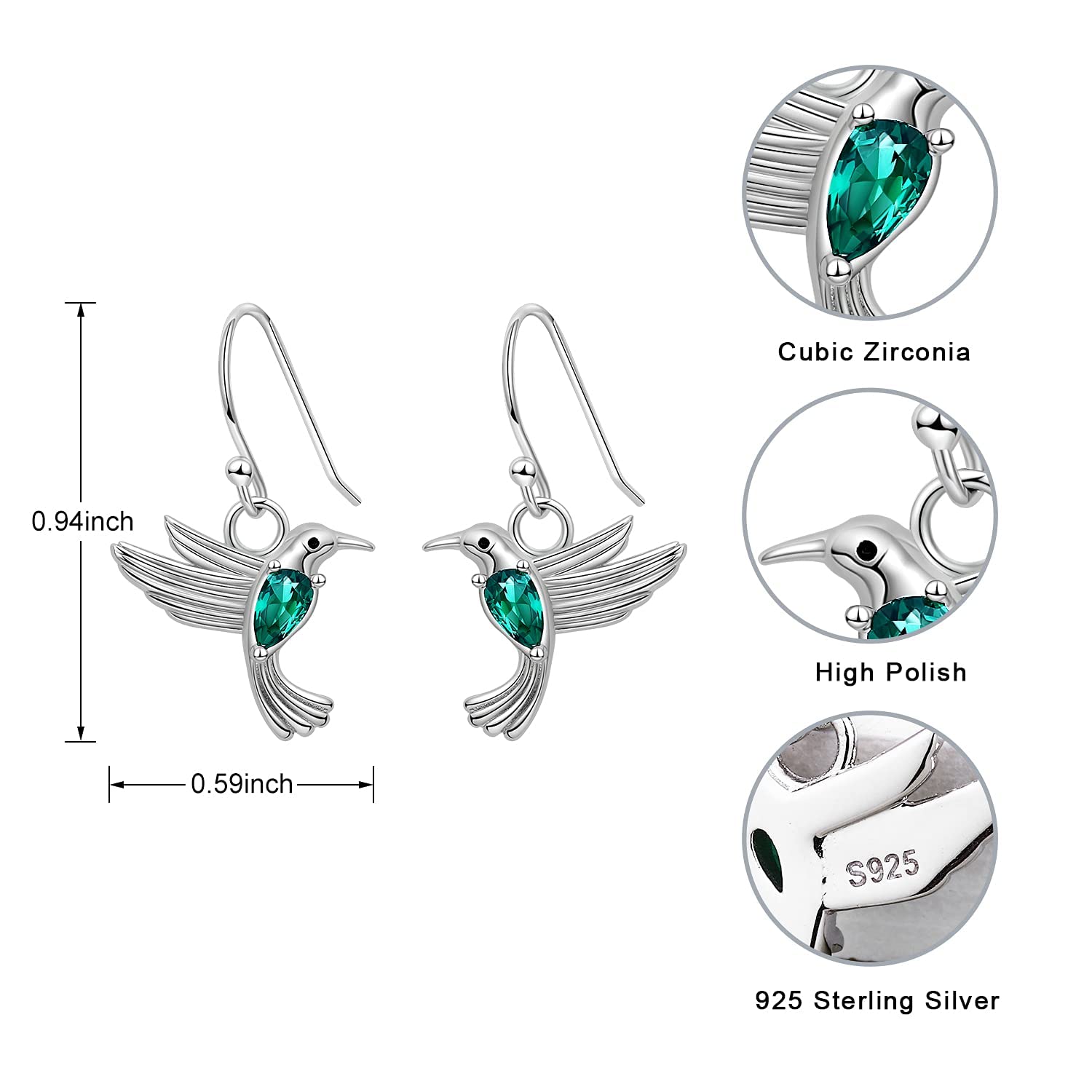 WOUOVO S925 Hummingbird Drop-Dangle Earrings - Waterdrop Flower Bird Eearring with Green Spinel Crystal Stone Mothers day Gifts for Mom and daughter (Green CZ hummingbird)