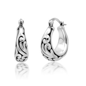 MAX + STONE 925 Sterling Silver Hoop Earrings for Women | Lightweight Chunky Oxidized Filigree Oval Thick