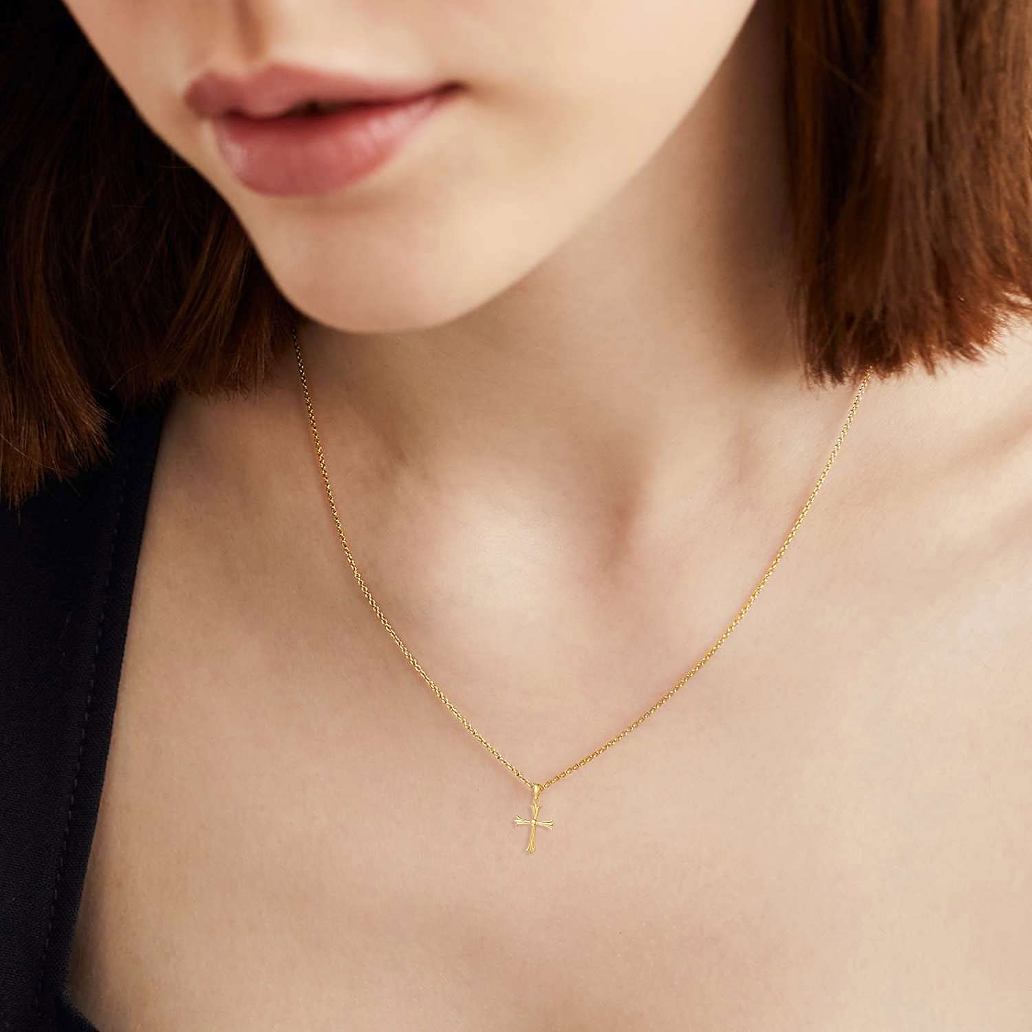 FANCIME SOLID REAL 14K Yellow Gold SMALL TINY Little Cute Embossed Cross Crucifix Delicate Necklace Dainty Pendant Fine Jewelry For Women, With 16+2" Solid Gold Cable Chain