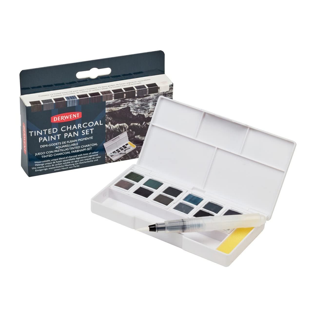 Derwent Tinted Charcoal Paint Pan Set, 12 Paints, Professional Quality, Water Soluble, Blendable, Portable, Includes Palettes, Mini Waterbrush & Cleaning Sponge (2305872) 1 Count (Pack of 1)