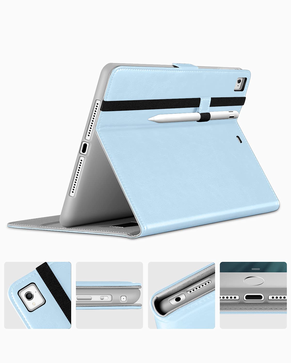 DTTO for iPad 9.7 Inch 5th/6th Generation 2018/2017 Case with Apple Pencil Holder, Premium Leather Folio Stand Cover Case for Apple iPad 9.7 inch, Also Fit iPad Pro 9.7/Air 2/Air - Ice Blue