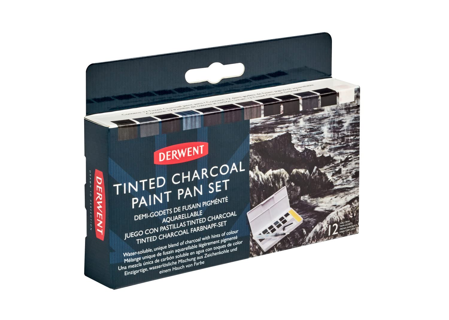 Derwent Tinted Charcoal Paint Pan Set, 12 Paints, Professional Quality, Water Soluble, Blendable, Portable, Includes Palettes, Mini Waterbrush & Cleaning Sponge (2305872) 1 Count (Pack of 1)