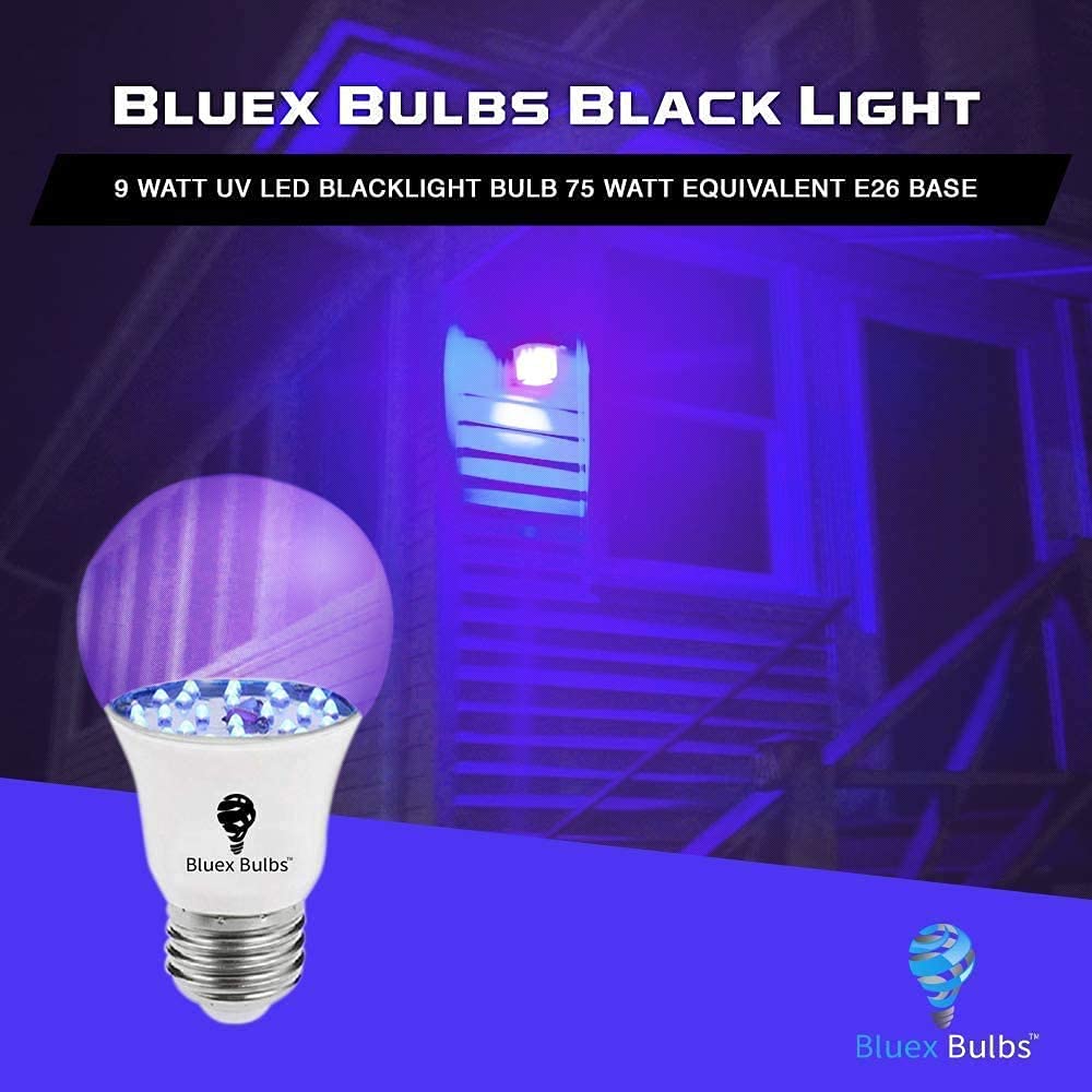 Bluex Bulbs 6 Pack LED Black Light Bulb, 9W A19 E26 Blacklight Bulb Level 385-400nm, Body Paint, Glow in The Dark LED Light Bulb Neon Glow Fluorescent Poster Black Bulb (6 Pack)