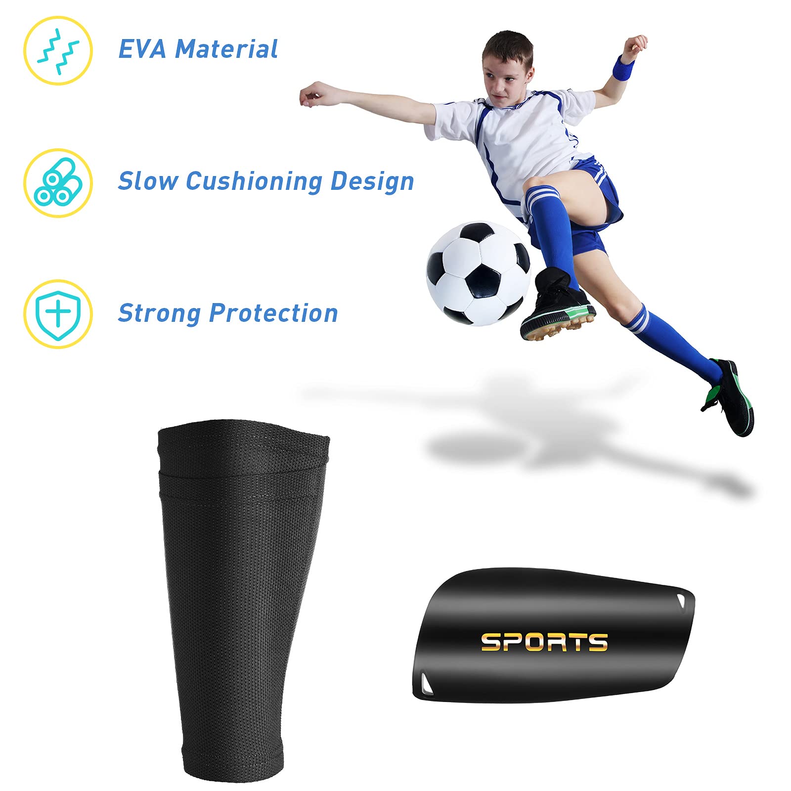 2 Pairs Soccer Shin Guards with Shin Guard Sleeves Adult Youth Soccer Shin Guards for Boys Girls Soccer Games Leg Protection Reduce Shocks and Injuries (Blue Black)