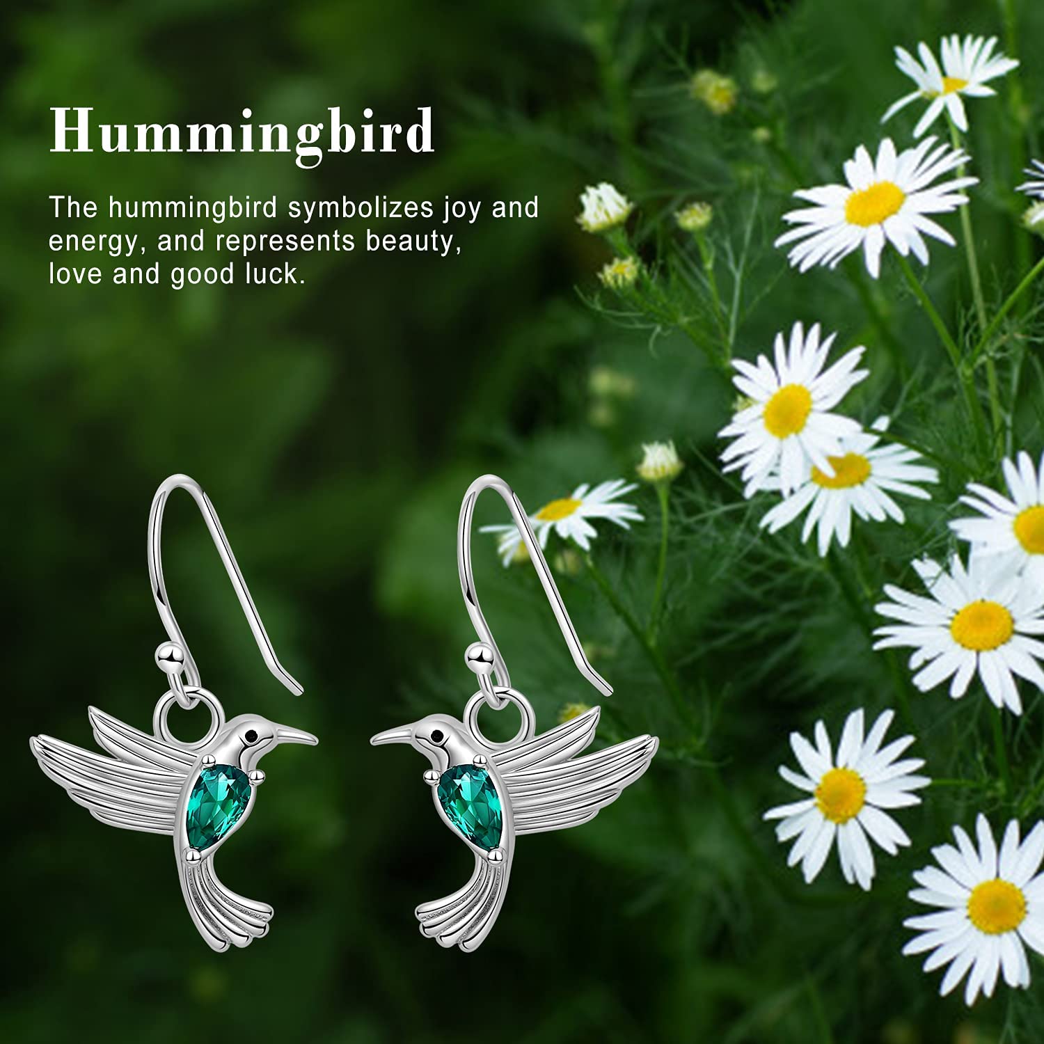 WOUOVO S925 Hummingbird Drop-Dangle Earrings - Waterdrop Flower Bird Eearring with Green Spinel Crystal Stone Mothers day Gifts for Mom and daughter (Green CZ hummingbird)