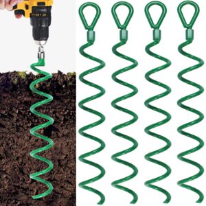 4 Pcs 18 Inch Spiral Ground Anchors Kit Green Metal Ground Stakes Dog Tie Out Stake Spiraling Anchor Trampoline Anchors for Tent, Securing Trampolines,