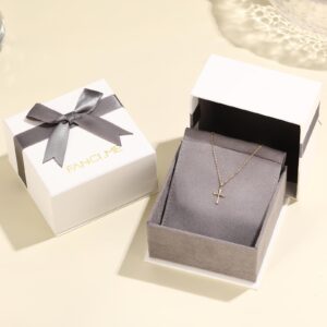 FANCIME SOLID REAL 14K Yellow Gold SMALL TINY Little Cute Embossed Cross Crucifix Delicate Necklace Dainty Pendant Fine Jewelry For Women, With 16+2" Solid Gold Cable Chain