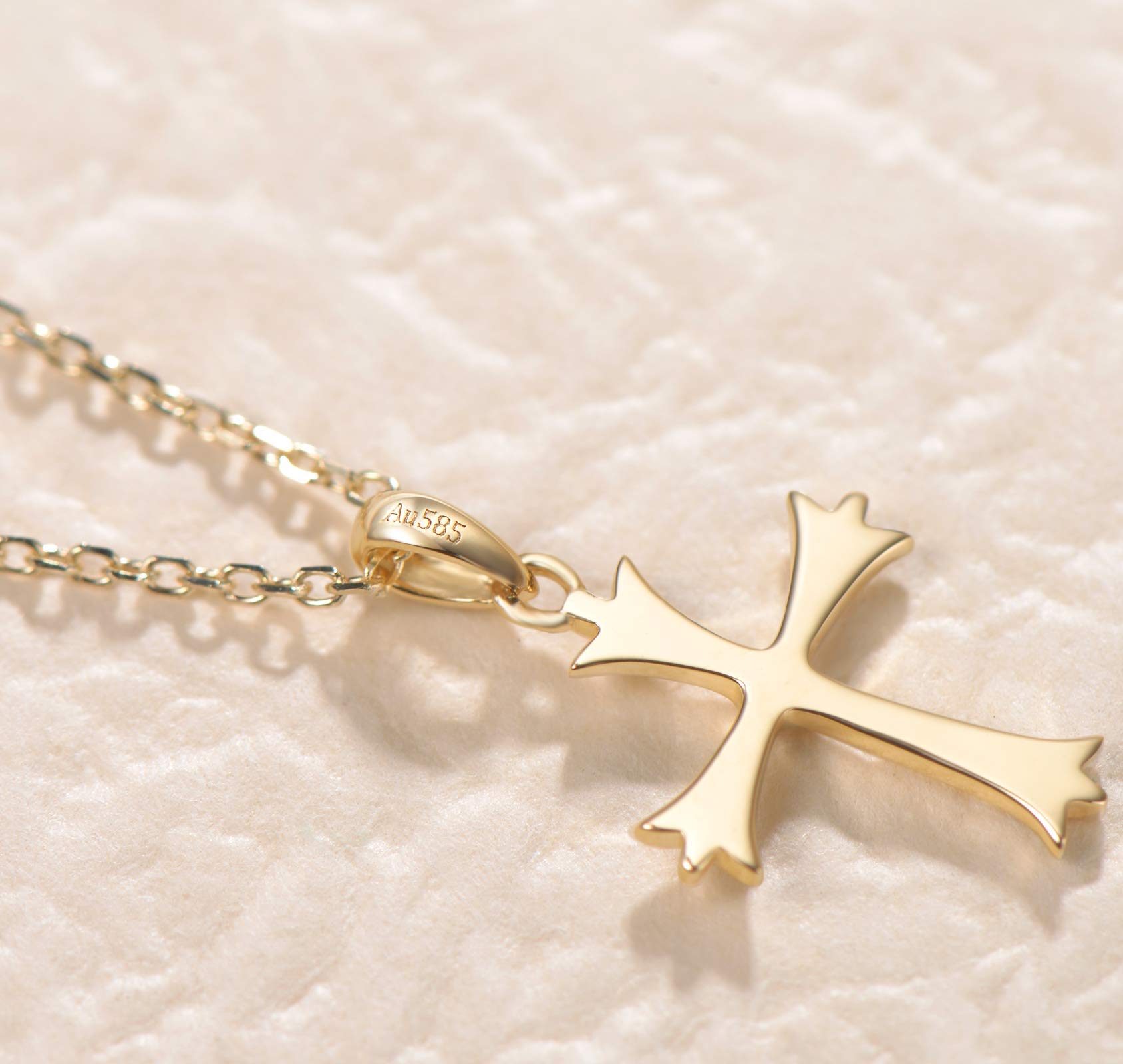 FANCIME SOLID REAL 14K Yellow Gold SMALL TINY Little Cute Embossed Cross Crucifix Delicate Necklace Dainty Pendant Fine Jewelry For Women, With 16+2" Solid Gold Cable Chain