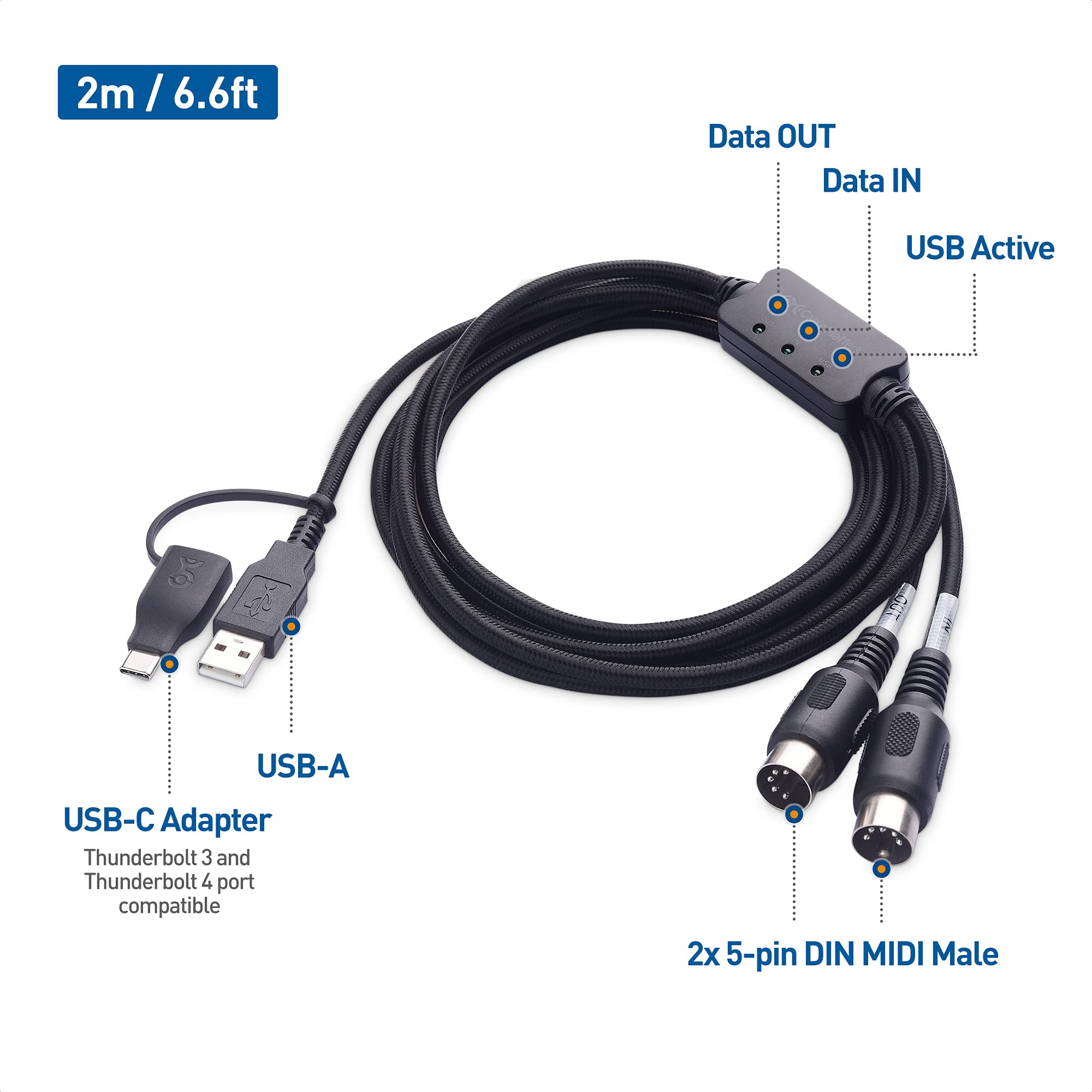 Cable Matters MIDI to USB Cable 6.6 ft / 2m (USB MIDI Cable, MIDI to USB C Cable) in Black, Does NOT Support SysEx