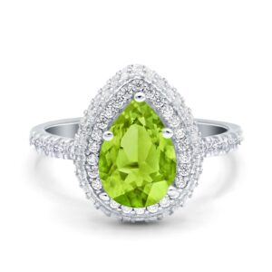 Blue Apple Co. Simulated Peridot Cubic Zirconia Size-7 Teardrop Pear Art Deco Vintage Engagement Wedding Bridal Ring Round Simulated CZ 925 Sterling Silver