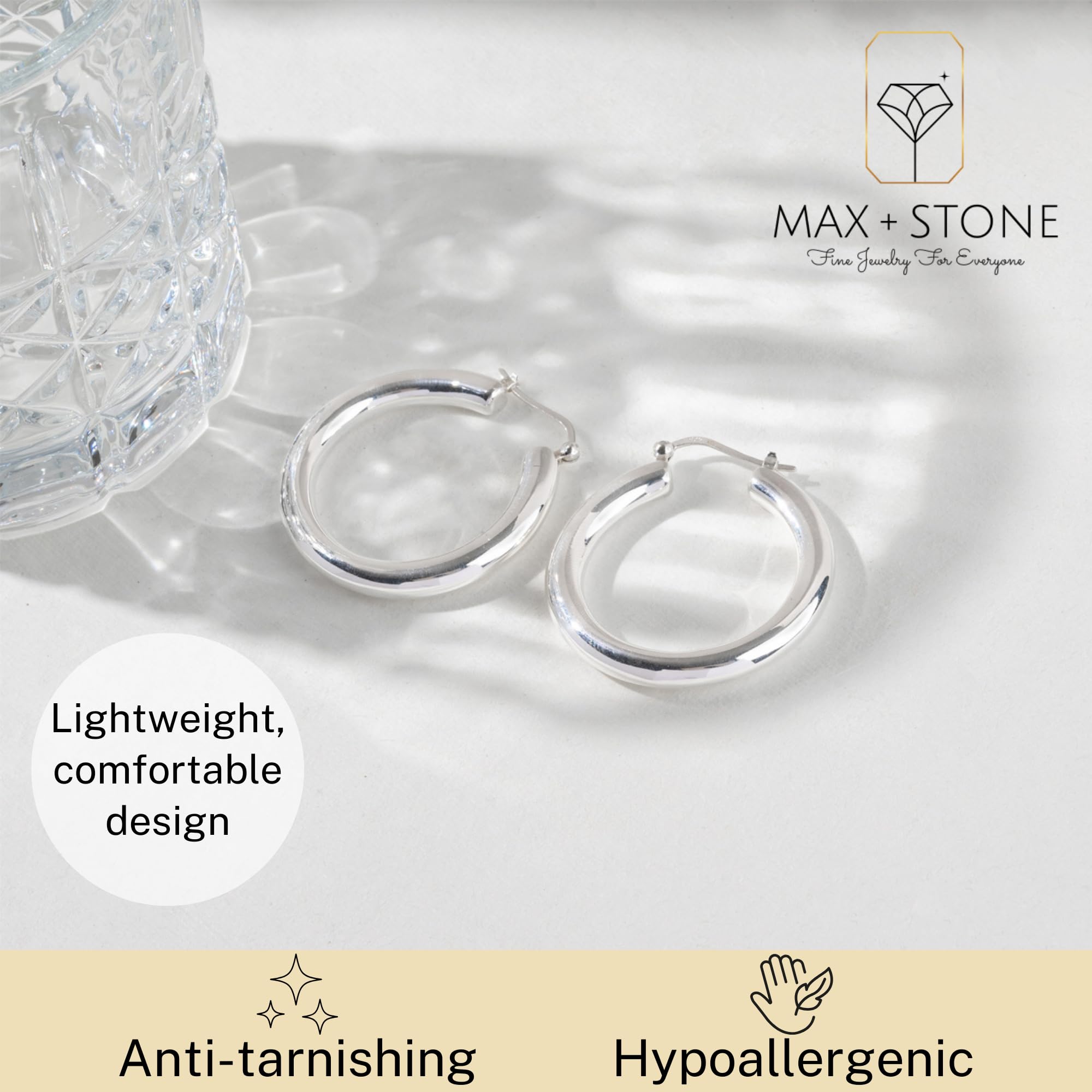 MAX + STONE 925 Sterling Silver Hoop Earrings for Women | 1.5 Inch Lightweight Chunky Hypoallergenic Round Thick