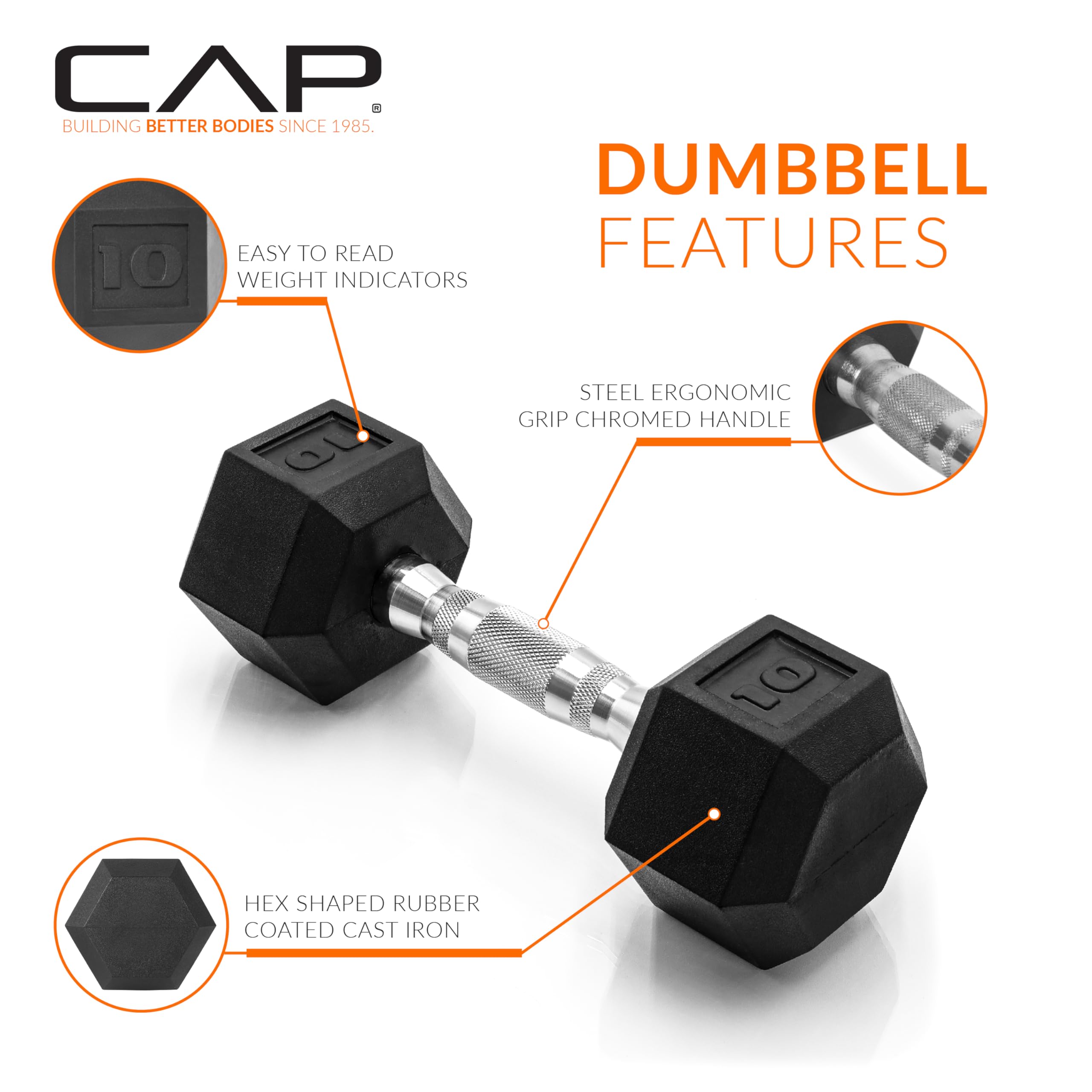 CAP Barbell 50lb Coated Hex Dumbbells, 10x2 15x2, Part of 150lb Set