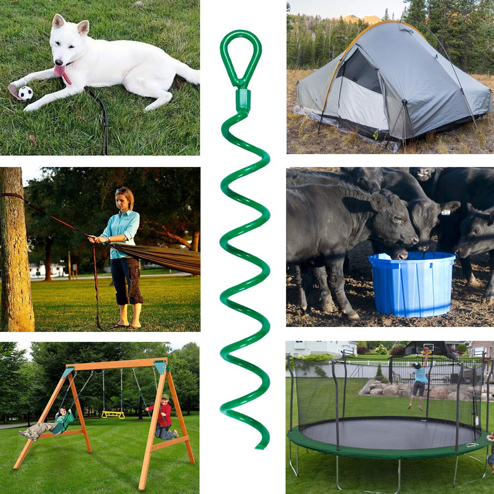 4 Pcs 18 Inch Spiral Ground Anchors Kit Green Metal Ground Stakes Dog Tie Out Stake Spiraling Anchor Trampoline Anchors for Tent, Securing Trampolines,