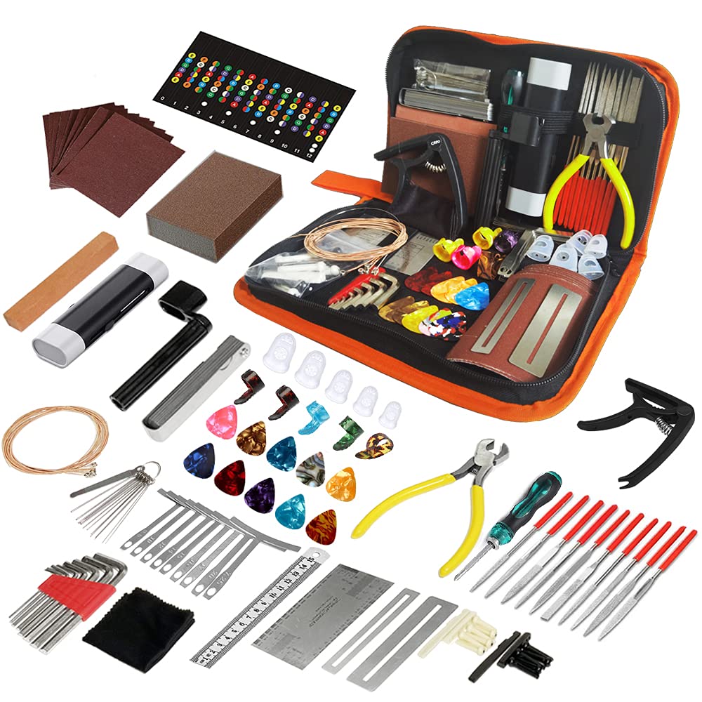 99PCS Guitar Tool Kit，Professional Guitar Repairing Maintenance Tool Kit with Capo Guitar Strings Picks Bridge Pins Gauge Guitar Accessories Gift for Acoustic Guitar Electric guitar Ukulele Bass Banjo