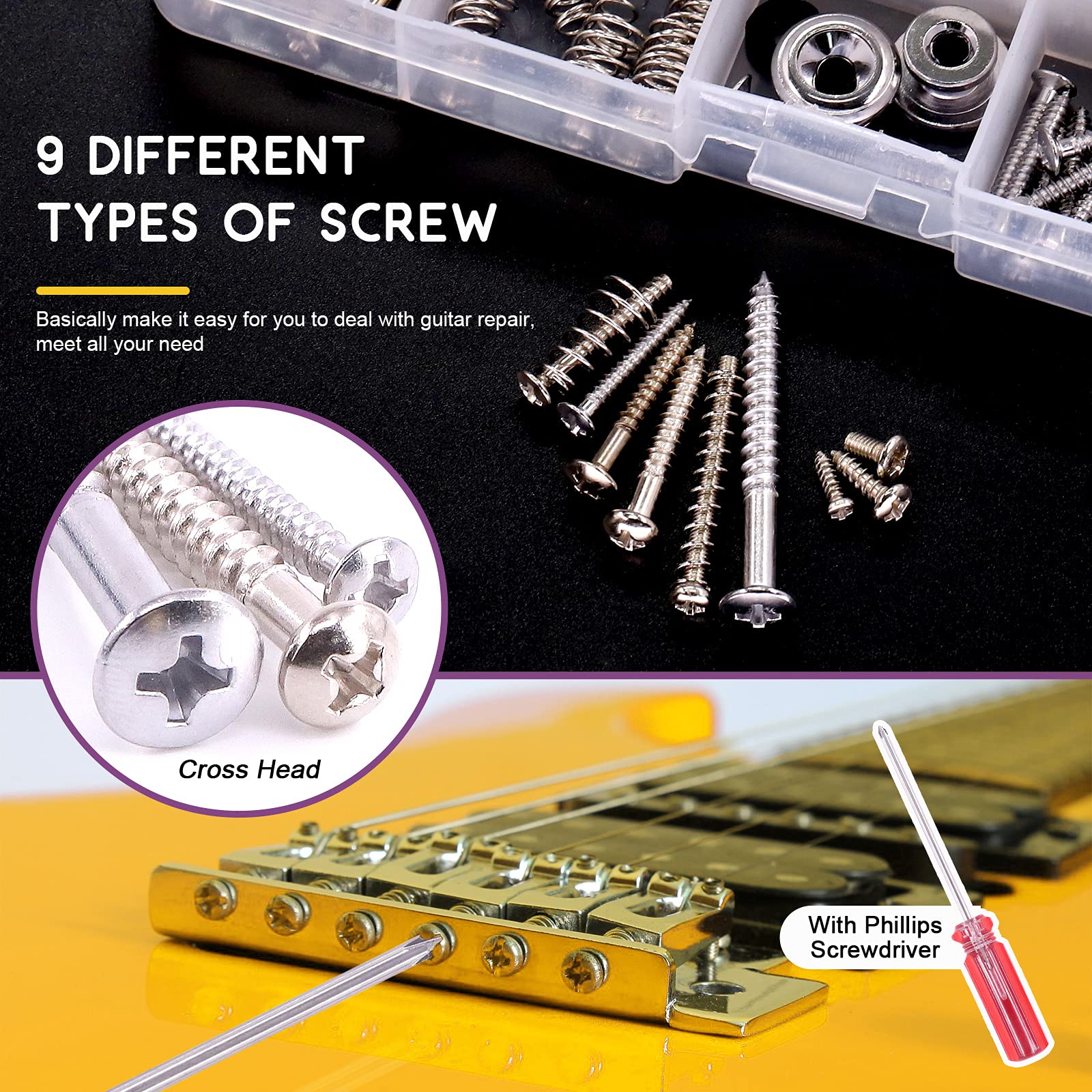 Swpeet 263Pcs Electric Guitar Screw Kit (9 Types) with Springs and Guitar String Winder, Screwdriver,Tweezers,0.75mm Guita Pick for Electric Guitar Bridge